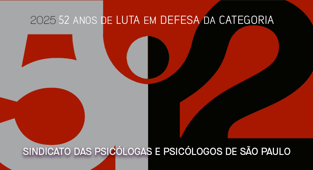 logomarca dos 52 anos do sindicato, com os números 5 e 2 estilizados em preto e cinza com fundo vermelho